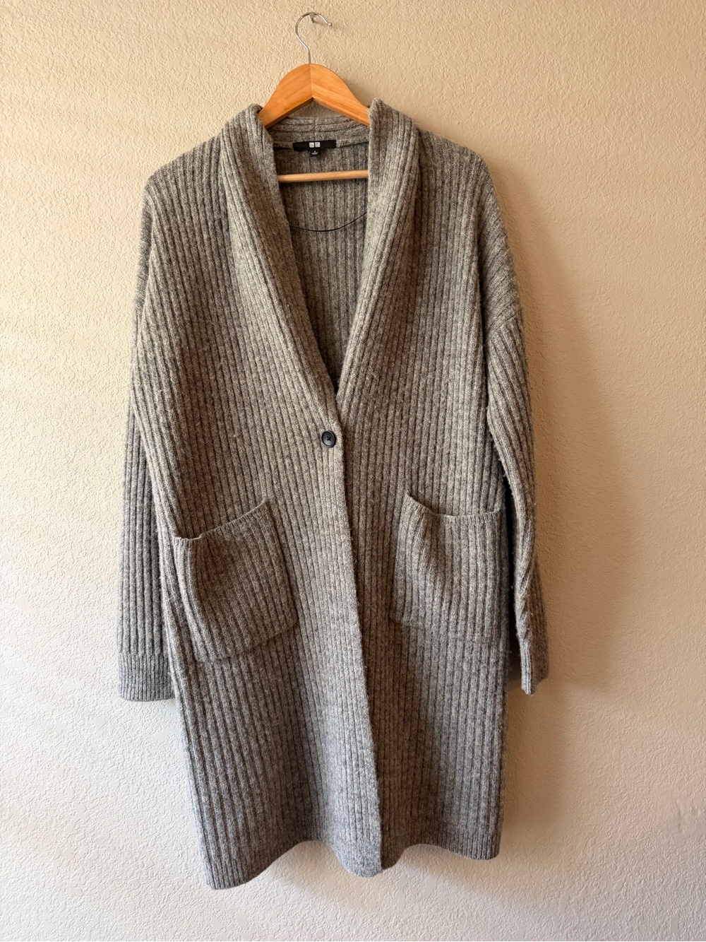 Uniqlo 100% Wool Gray Ribbed Shawl-Collar Duster Cardigan Small